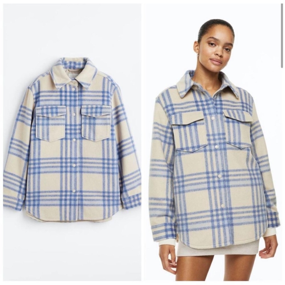 H&M Beige and Blue Plaid Utility Jacket